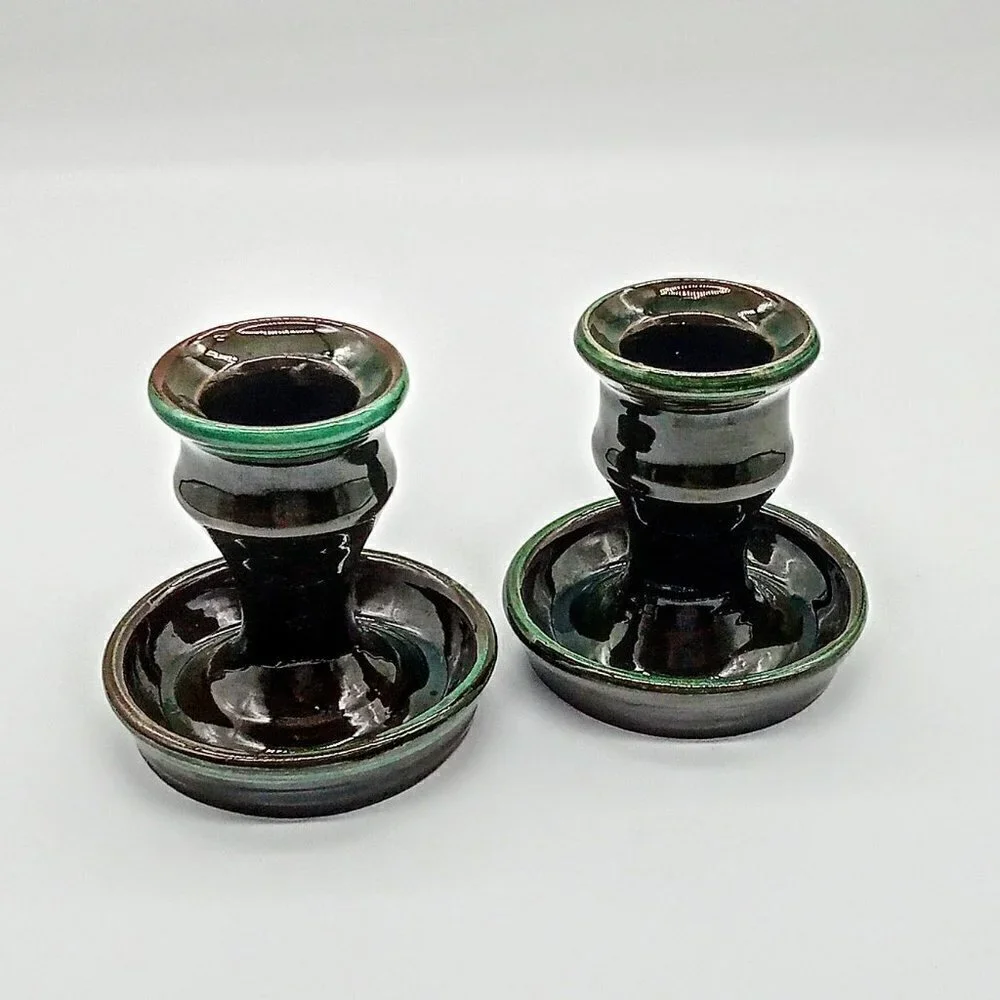 Green Glazed Red Clay Pottery Candle Holders (2)